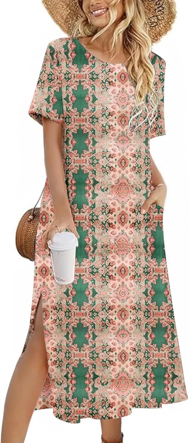 Going Out Dresses for Women 2025 Summer Casual Short Sleeve Midi Dress Floral Print Split Beach Dress with Pockets