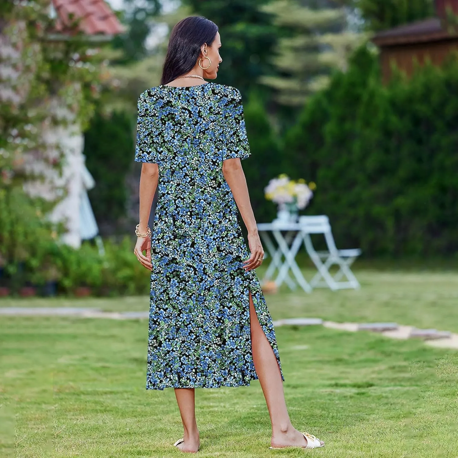 Going Out Dresses for Women 2025 Summer Casual Short Sleeve Midi Dress Floral Print Split Beach Dress with Pockets