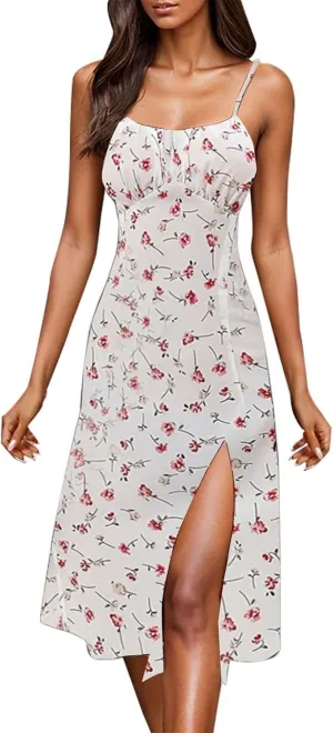 GOKKILRW Women Summer Dresses 2025 Spaghetti Straps Sleeveless Slim Fit Side Slit Sundress Boho Flowy Loose A-Line Midi Dress
