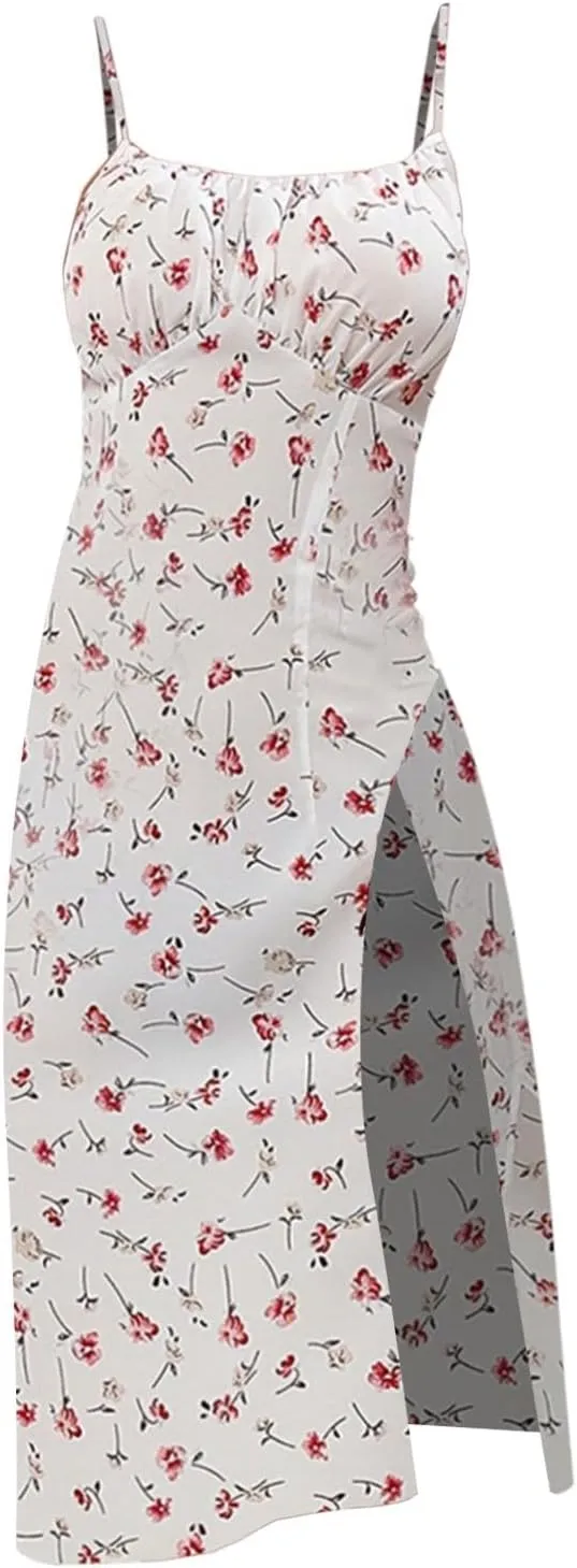 GOKKILRW Women Summer Dresses 2025 Spaghetti Straps Sleeveless Slim Fit Side Slit Sundress Boho Flowy Loose A-Line Midi Dress