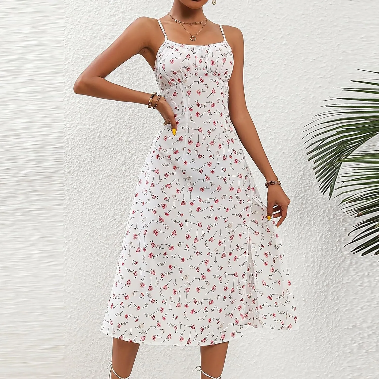 GOKKILRW Women Summer Dresses 2025 Spaghetti Straps Sleeveless Slim Fit Side Slit Sundress Boho Flowy Loose A-Line Midi Dress
