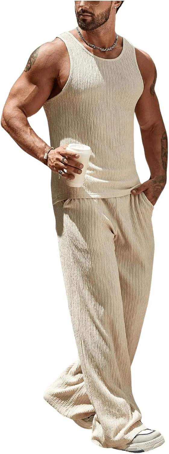 GORGLITTER Men's 2 Piece Linen Sets Rib Knit Summer Outfits Sleeveless Tank Top Baggy Wide Leg Pants Set