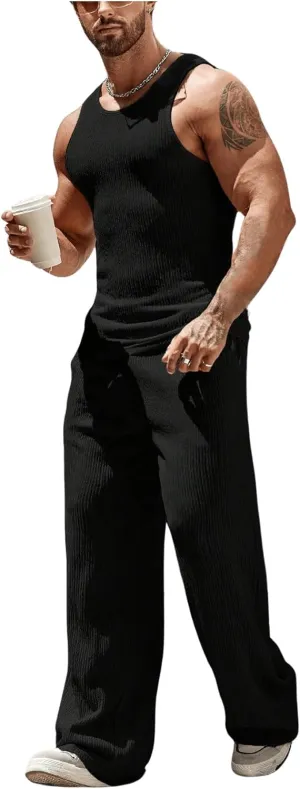 GORGLITTER Men's 2 Piece Linen Sets Rib Knit Summer Outfits Sleeveless Tank Top Baggy Wide Leg Pants Set