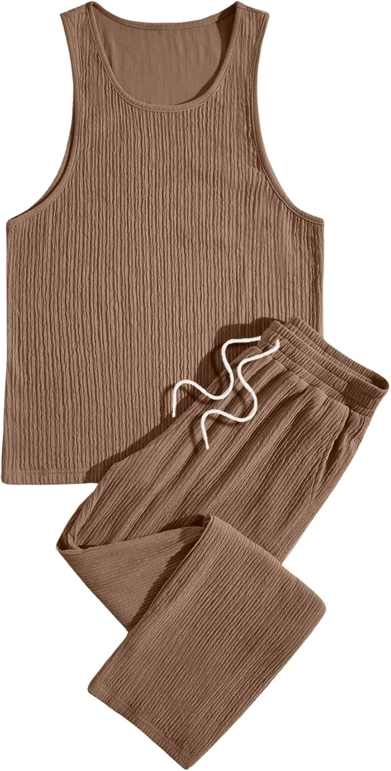 GORGLITTER Men's 2 Piece Linen Sets Rib Knit Summer Outfits Sleeveless Tank Top Baggy Wide Leg Pants Set