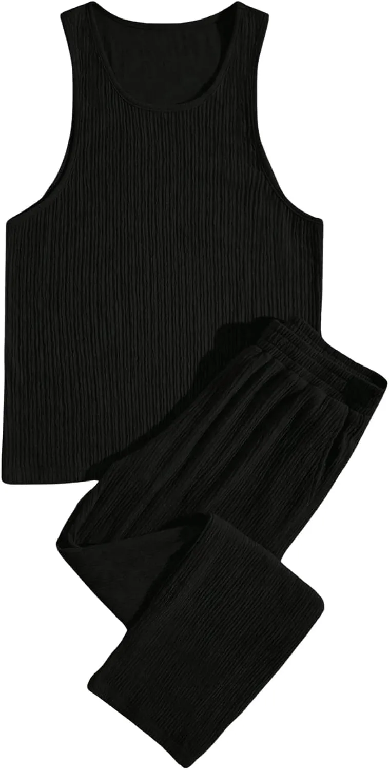 GORGLITTER Men's 2 Piece Linen Sets Rib Knit Summer Outfits Sleeveless Tank Top Baggy Wide Leg Pants Set