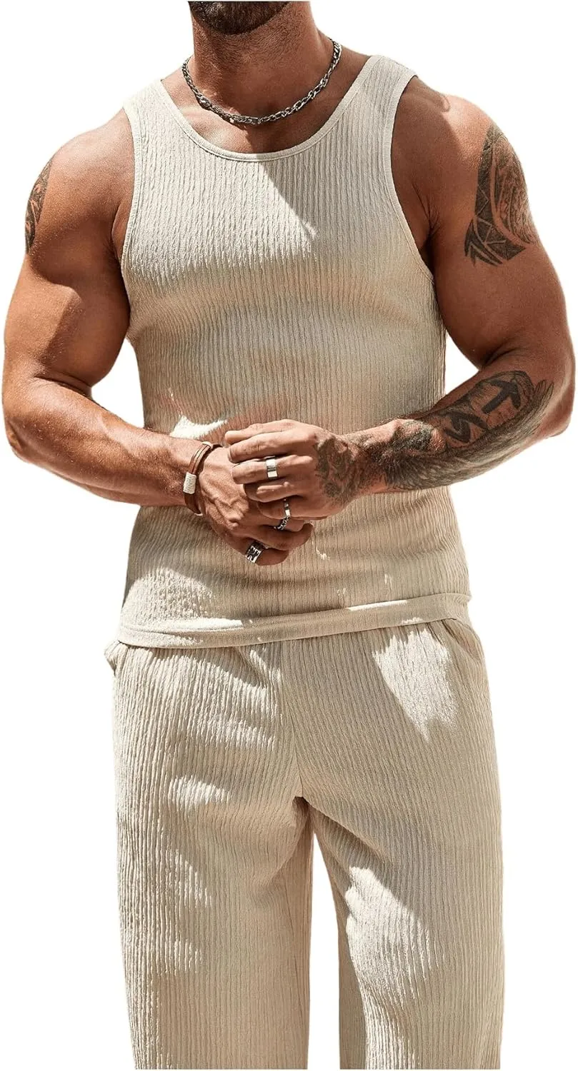 GORGLITTER Men's 2 Piece Linen Sets Rib Knit Summer Outfits Sleeveless Tank Top Baggy Wide Leg Pants Set