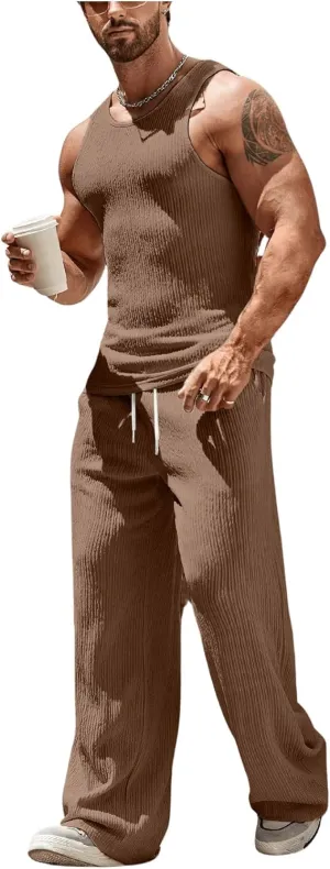GORGLITTER Men's 2 Piece Linen Sets Rib Knit Summer Outfits Sleeveless Tank Top Baggy Wide Leg Pants Set