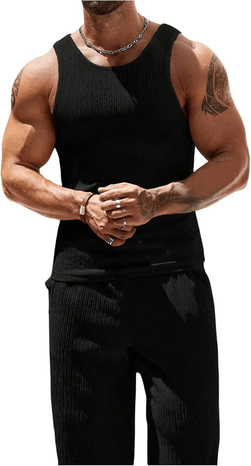 GORGLITTER Men's 2 Piece Linen Sets Rib Knit Summer Outfits Sleeveless Tank Top Baggy Wide Leg Pants Set