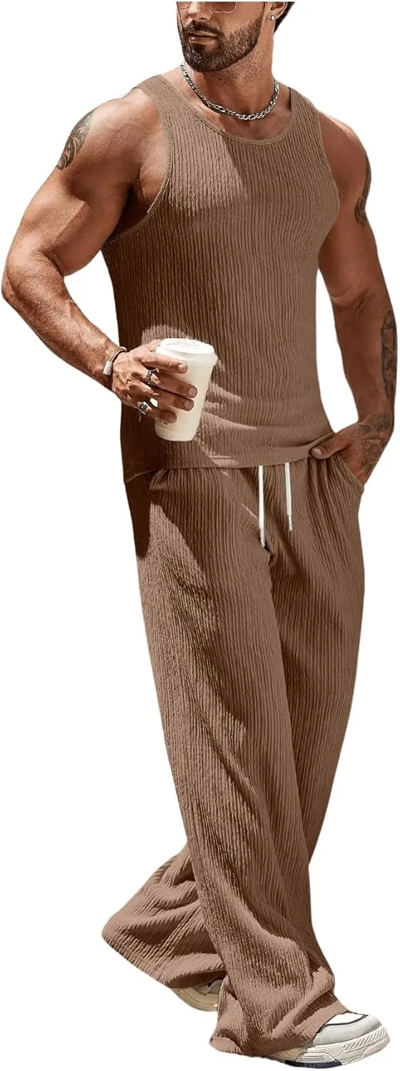 GORGLITTER Men's 2 Piece Linen Sets Rib Knit Summer Outfits Sleeveless Tank Top Baggy Wide Leg Pants Set