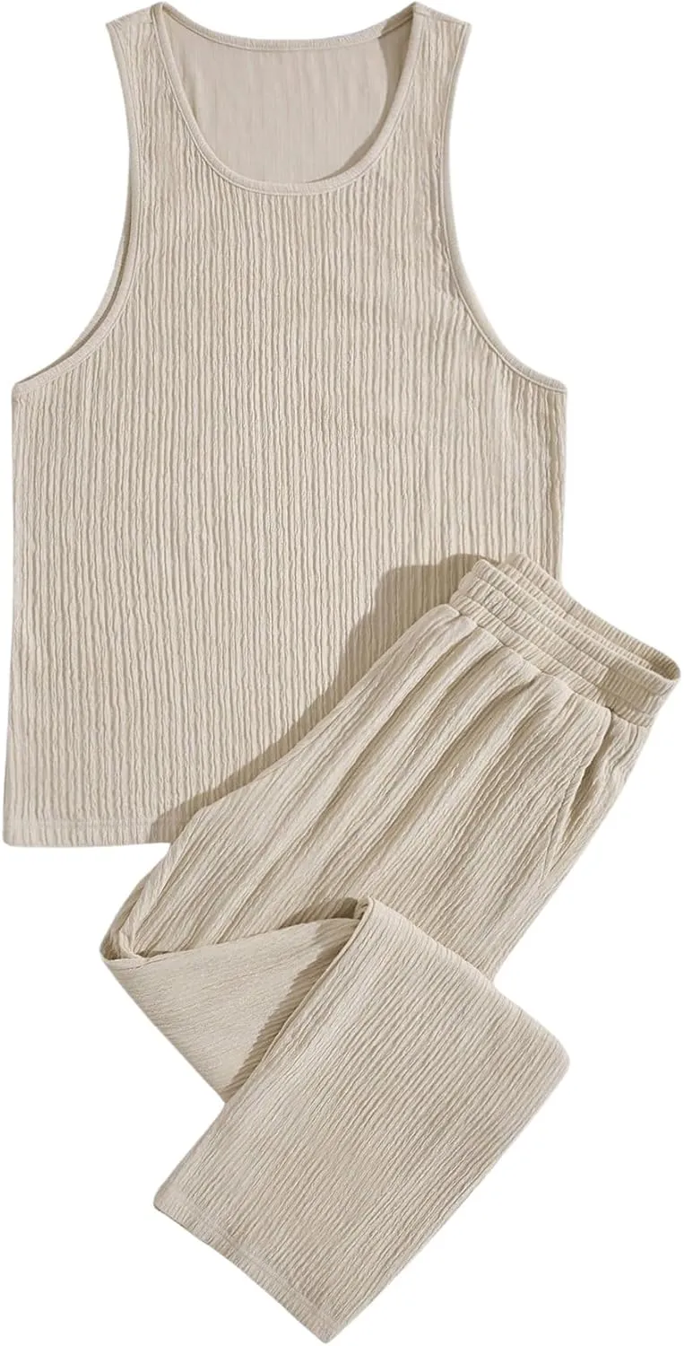 GORGLITTER Men's 2 Piece Linen Sets Rib Knit Summer Outfits Sleeveless Tank Top Baggy Wide Leg Pants Set