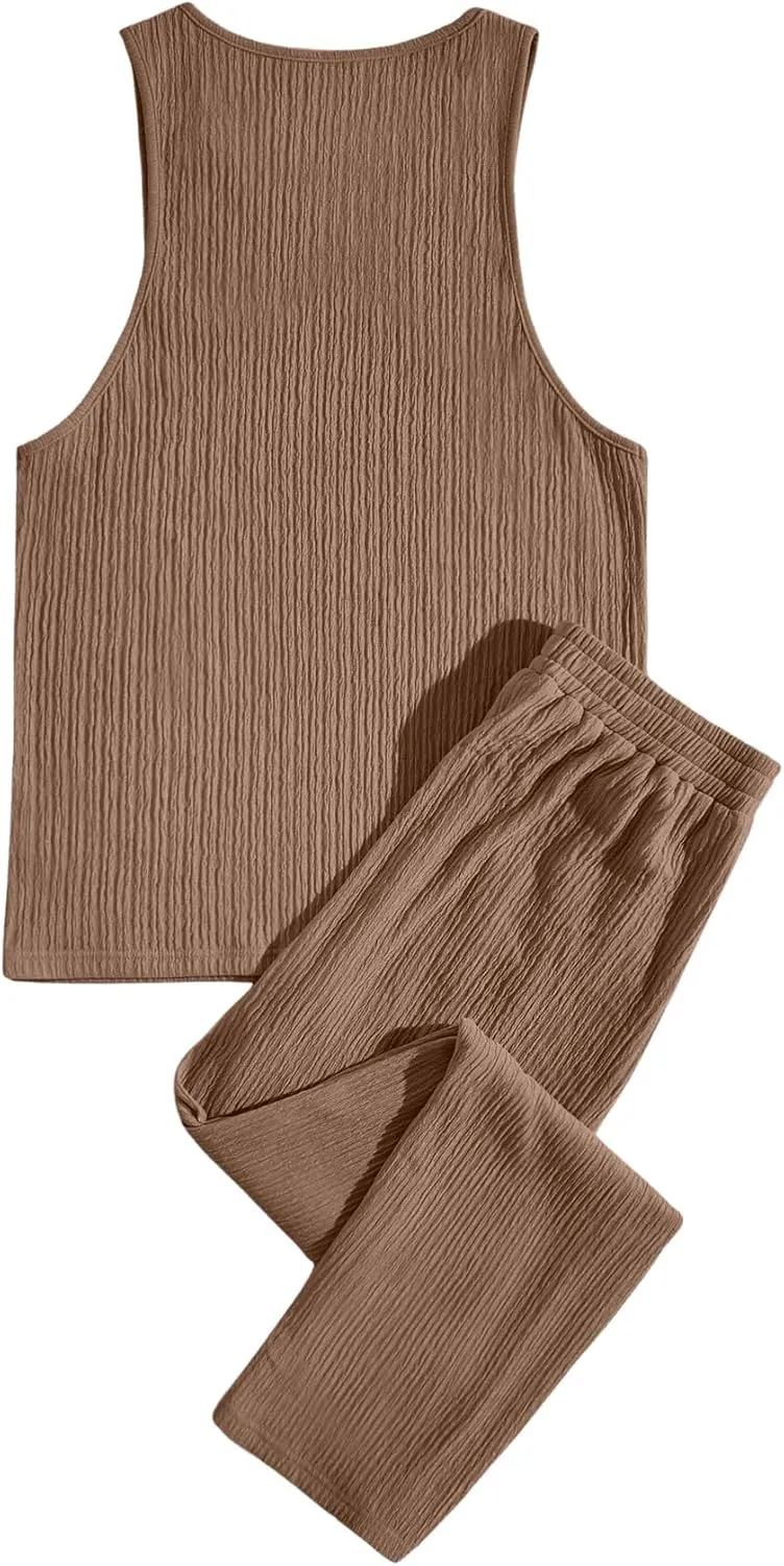 GORGLITTER Men's 2 Piece Linen Sets Rib Knit Summer Outfits Sleeveless Tank Top Baggy Wide Leg Pants Set