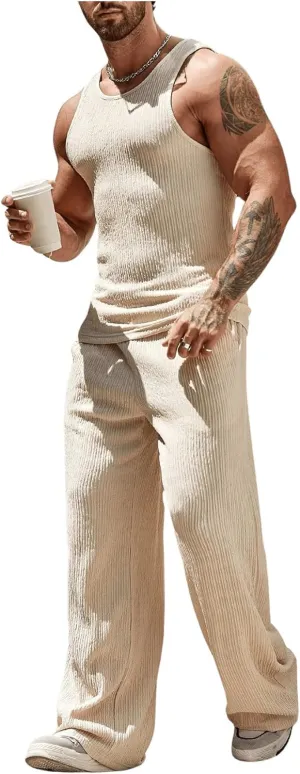 GORGLITTER Men's 2 Piece Linen Sets Rib Knit Summer Outfits Sleeveless Tank Top Baggy Wide Leg Pants Set