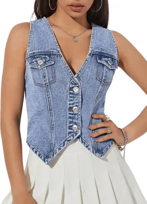 GORGLITTER Women's Denim Vest Sleeveless Jean Vest Crop Denim Tank Top Flap Pocket Button Front Y2K Vest 2025