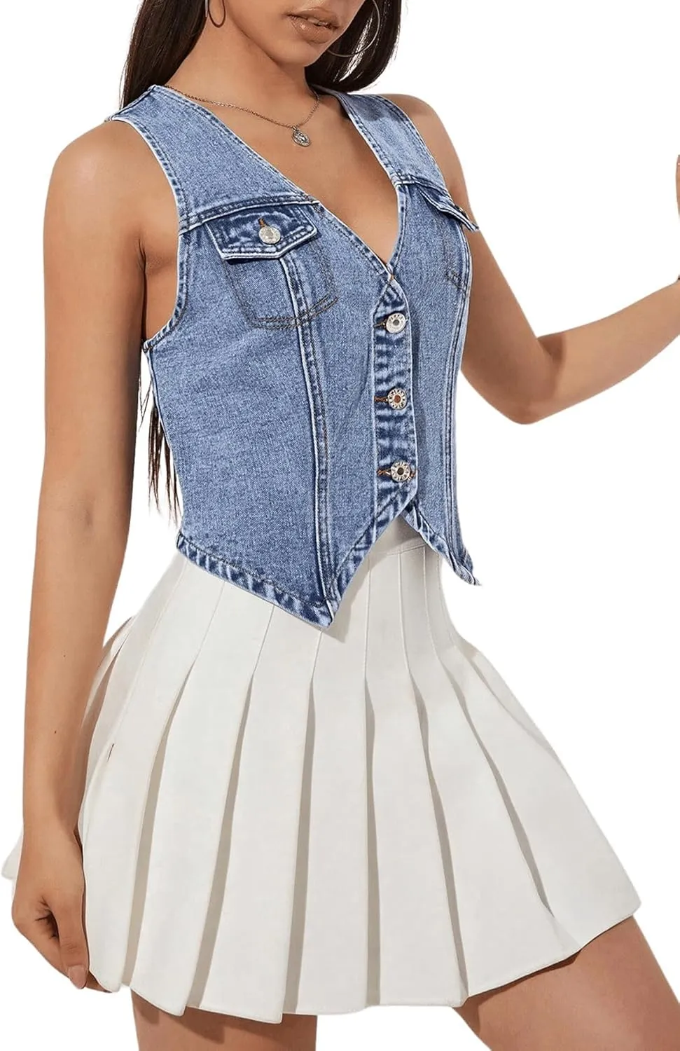GORGLITTER Women's Denim Vest Sleeveless Jean Vest Crop Denim Tank Top Flap Pocket Button Front Y2K Vest 2025
