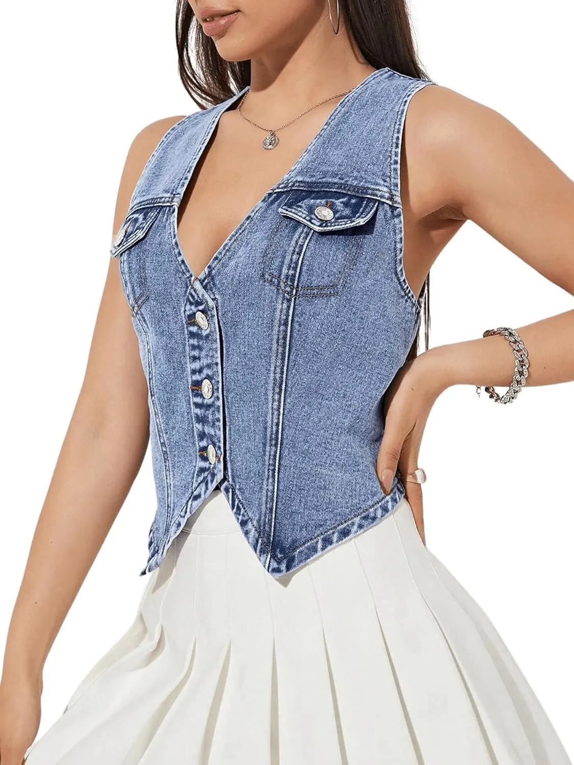 GORGLITTER Women's Denim Vest Sleeveless Jean Vest Crop Denim Tank Top Flap Pocket Button Front Y2K Vest 2025