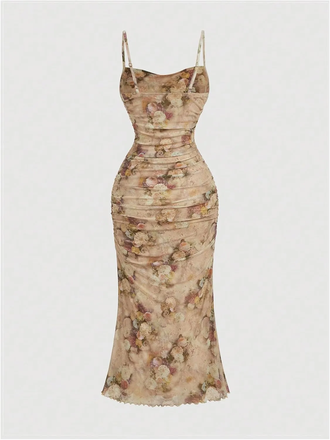 GORGLITTER Women's Floral Ruched Bodycon Midi Dress Mesh Sleeveless Fishtail Cami Dresses
