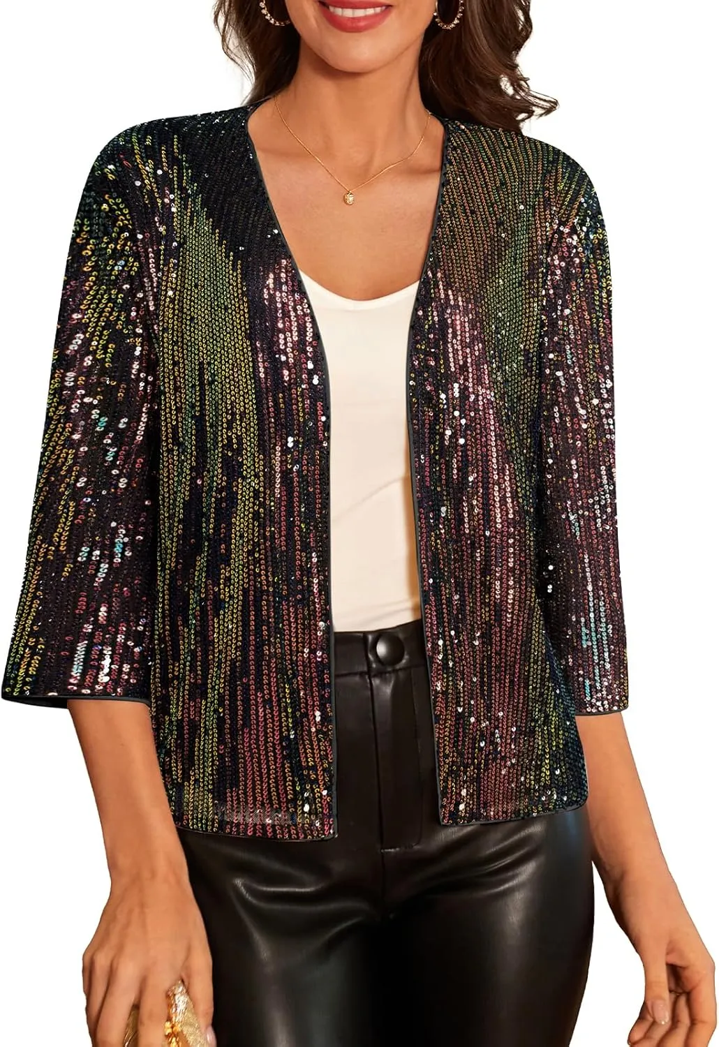 GRACE KARIN 2024 Women's 3/4 Sleeve Sequin Jackets Open Front Sequin Cardigan Sweaters Blazer S-2XL