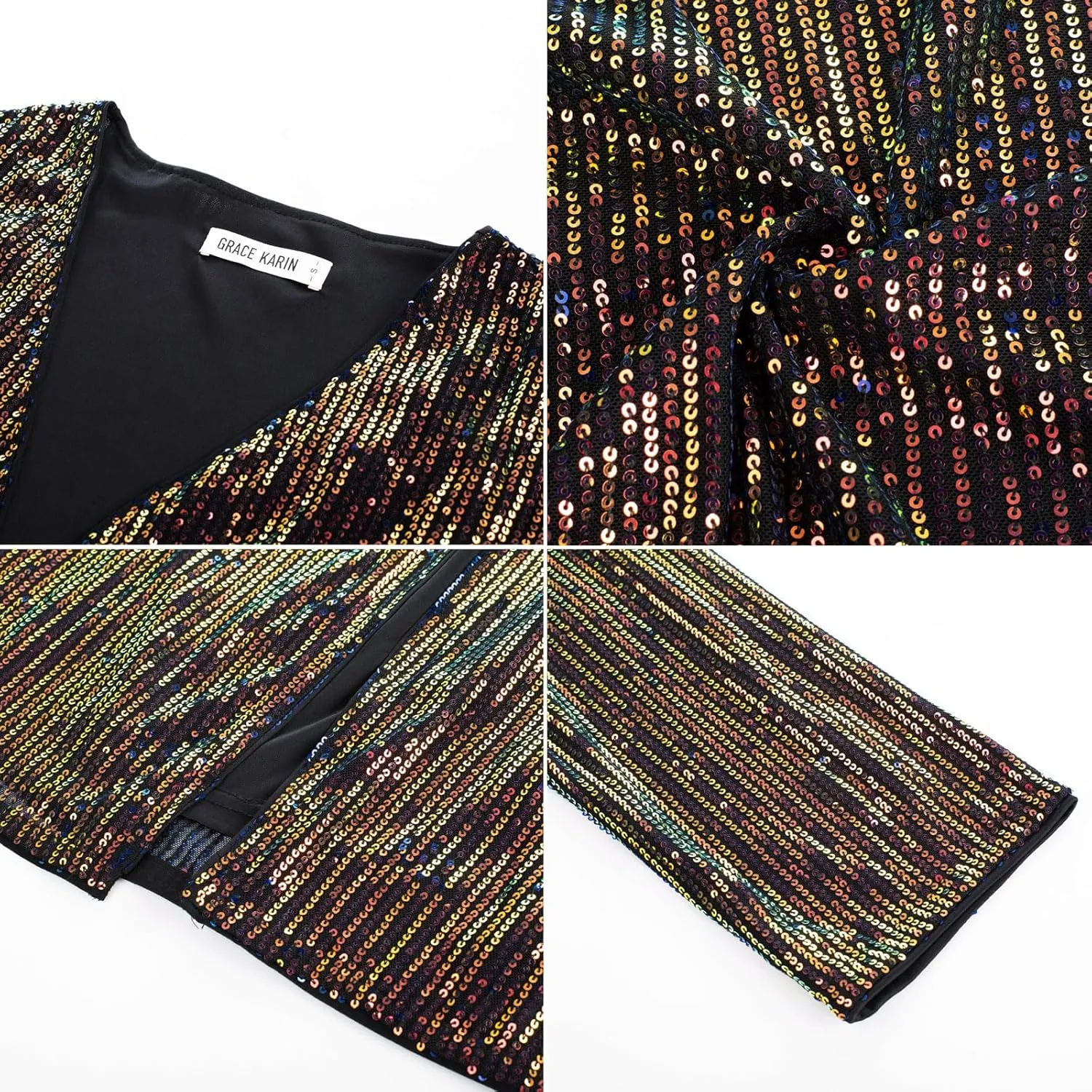 GRACE KARIN 2024 Women's 3/4 Sleeve Sequin Jackets Open Front Sequin Cardigan Sweaters Blazer S-2XL