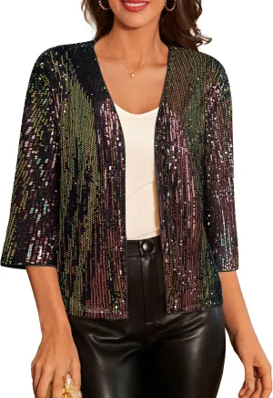 GRACE KARIN 2024 Women's 3/4 Sleeve Sequin Jackets Open Front Sequin Cardigan Sweaters Blazer S-2XL