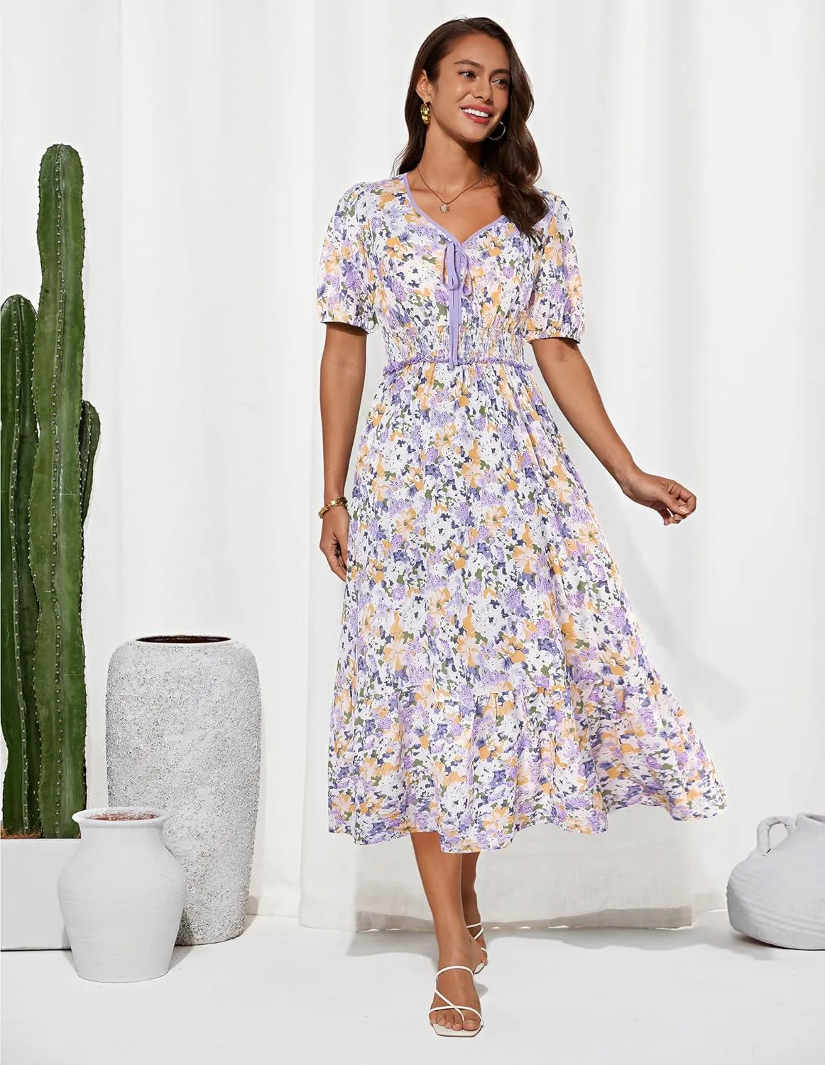 GRACE KARIN 2025 Women's Summer Floral Flowy A Line Midi Dresses Elegant Short Sleeve Smocked V-Neck Tiered Dresses