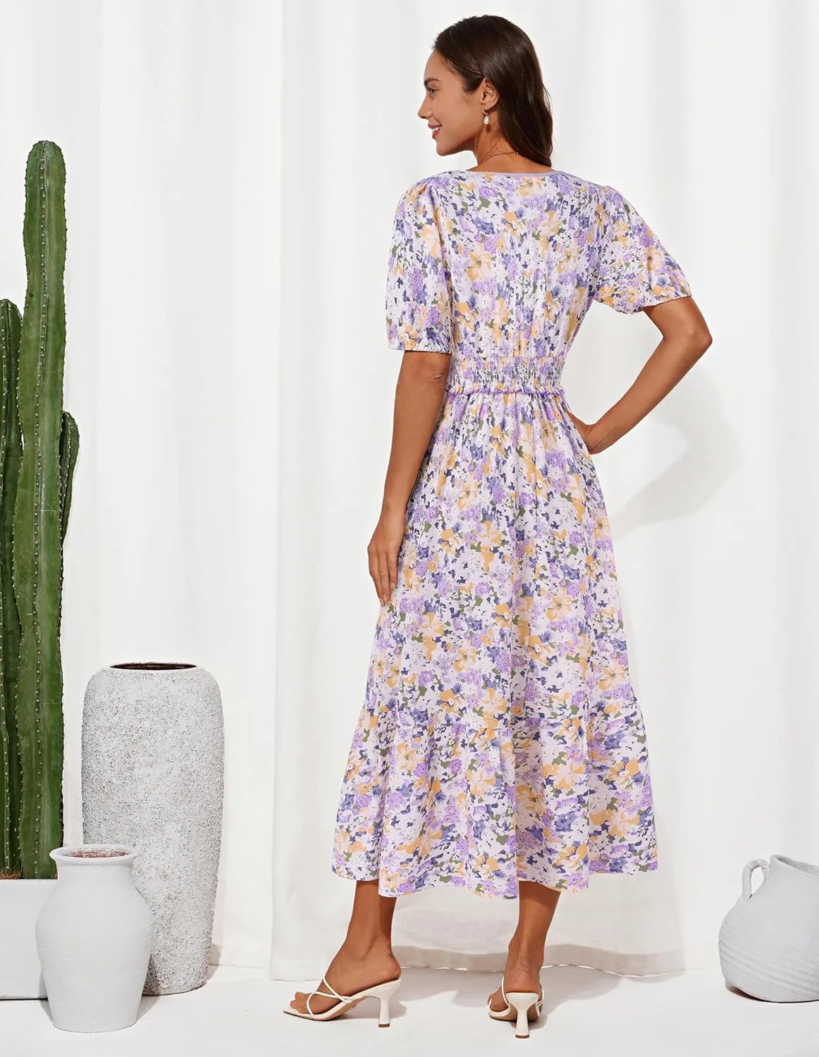 GRACE KARIN 2025 Women's Summer Floral Flowy A Line Midi Dresses Elegant Short Sleeve Smocked V-Neck Tiered Dresses