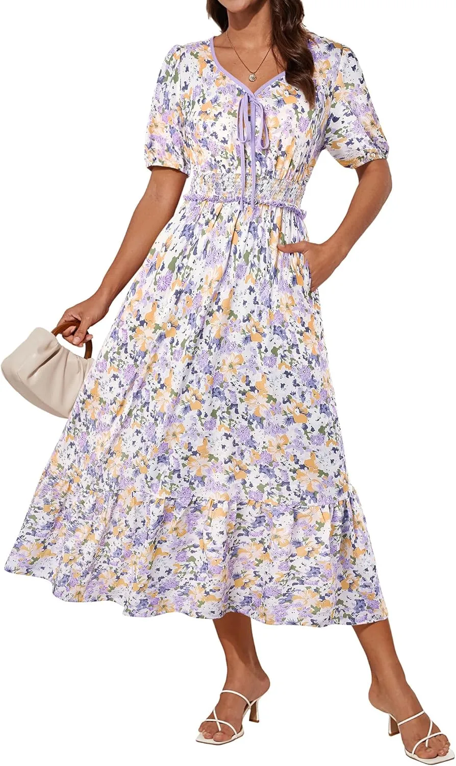 GRACE KARIN 2025 Women's Summer Floral Flowy A Line Midi Dresses Elegant Short Sleeve Smocked V-Neck Tiered Dresses
