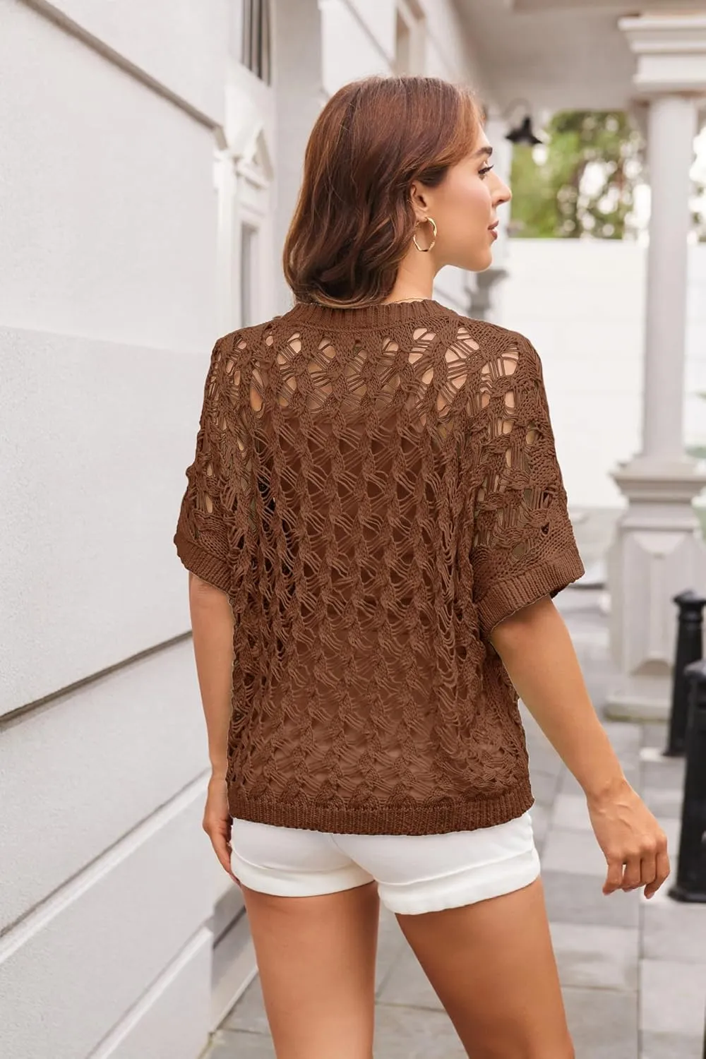 GRACE KARIN Women's 2025 Spring Summer Crochet Tops Scoop Neck Pullover Sweater Short Sleeve Off Shoulder Knit Beach Coverup