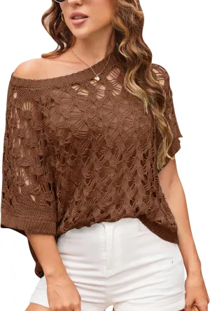 GRACE KARIN Women's 2025 Spring Summer Crochet Tops Scoop Neck Pullover Sweater Short Sleeve Off Shoulder Knit Beach Coverup