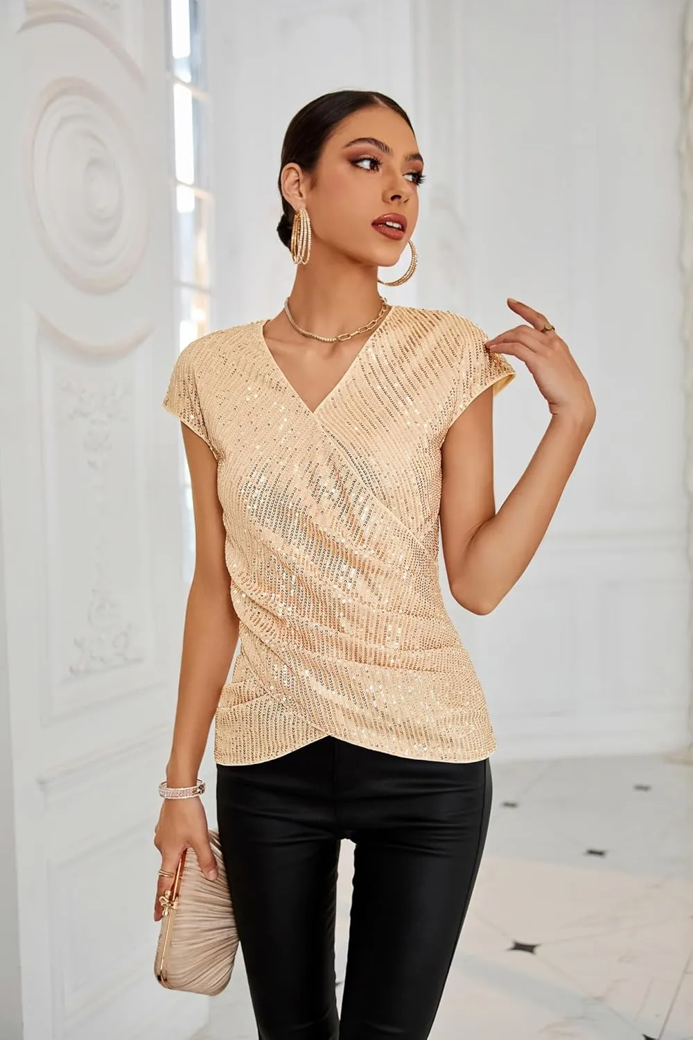 GRACE KARIN Womens Sparkle Sequin Top Shimmer Glitter Blouse Twist Front V Neck Cap Sleeve Club Party Shirt