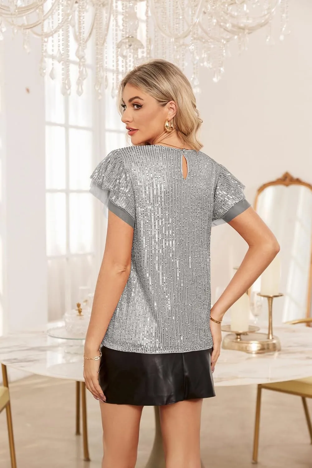 GRACE KARIN Women's Sparkly Sequin Tops Short Sleeve Glitter Dressy Blouses Round Neck Club Ruffle Party Tops