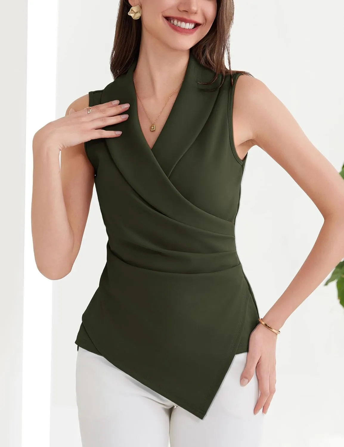 GRACE KARIN Women's Wrap V Neck Casual Work Tops Sleeveless Office Dressy Summer Blouse Asymmetrical Elegant Shirts