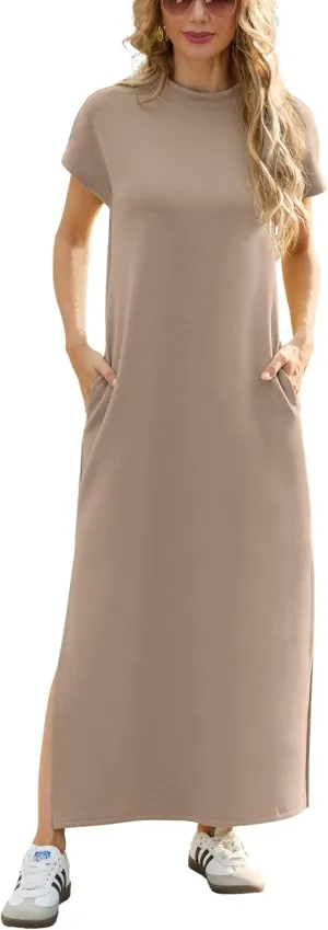 GRECERELLE 2025 Women Summer Mock Neck Short Sleeve Casual Loose Split Wrinkle-Free Long Maxi Dress with Pockets