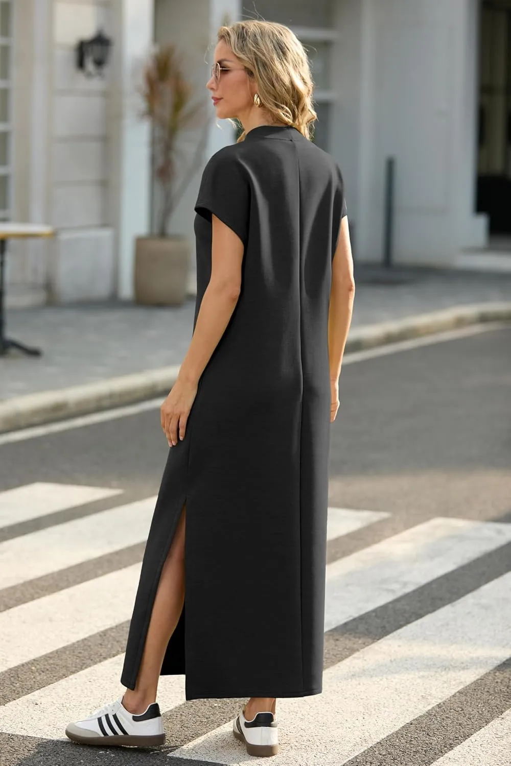 GRECERELLE 2025 Women Summer Mock Neck Short Sleeve Casual Loose Split Wrinkle-Free Long Maxi Dress with Pockets