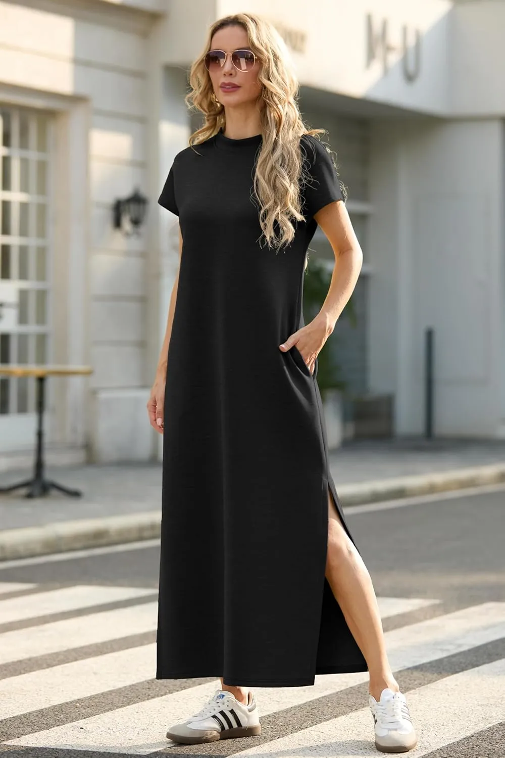 GRECERELLE 2025 Women Summer Mock Neck Short Sleeve Casual Loose Split Wrinkle-Free Long Maxi Dress with Pockets