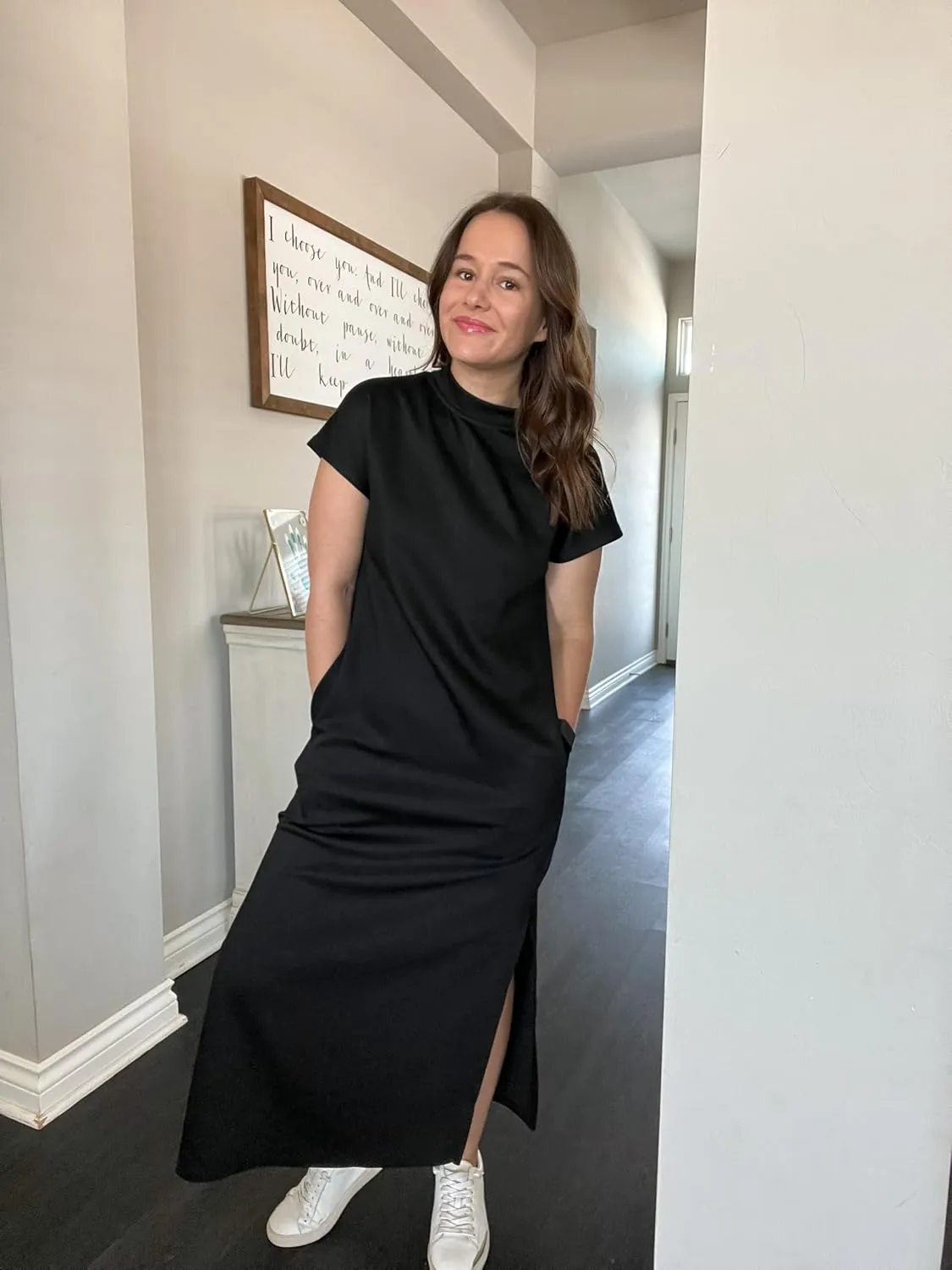 GRECERELLE 2025 Women Summer Mock Neck Short Sleeve Casual Loose Split Wrinkle-Free Long Maxi Dress with Pockets