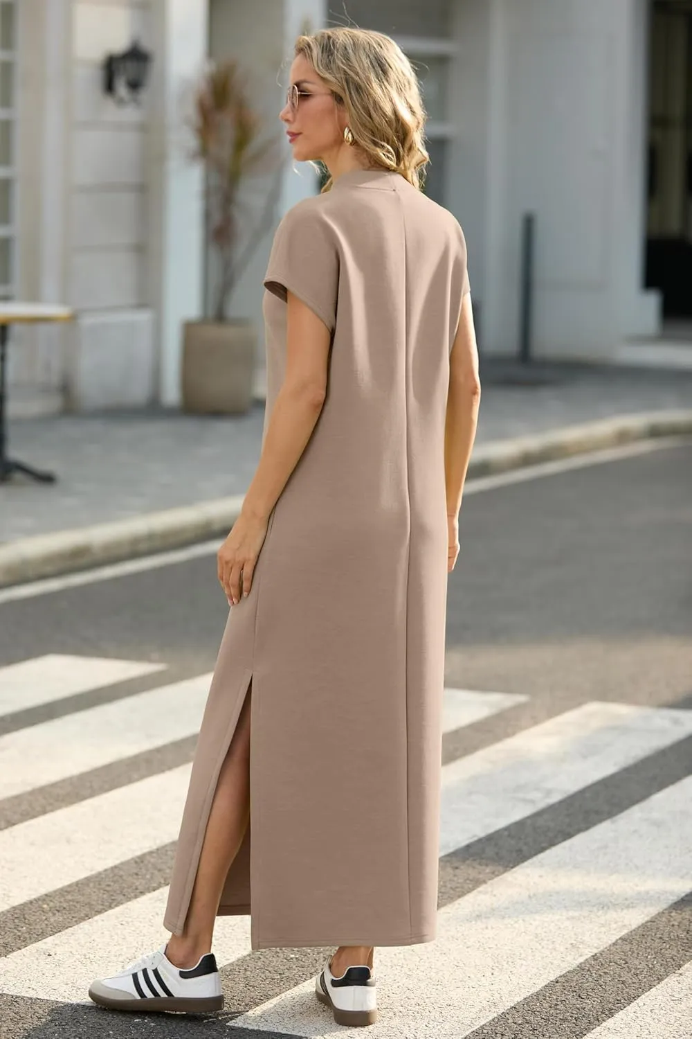 GRECERELLE 2025 Women Summer Mock Neck Short Sleeve Casual Loose Split Wrinkle-Free Long Maxi Dress with Pockets