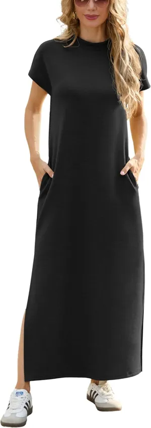 GRECERELLE 2025 Women Summer Mock Neck Short Sleeve Casual Loose Split Wrinkle-Free Long Maxi Dress with Pockets
