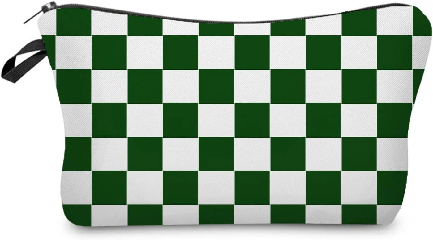 Green White Plaid Makeup Bag Cute Small Organizer Zipper Pouch Green White Checkered Cosmetic Bag Present for Women Friends Sisters