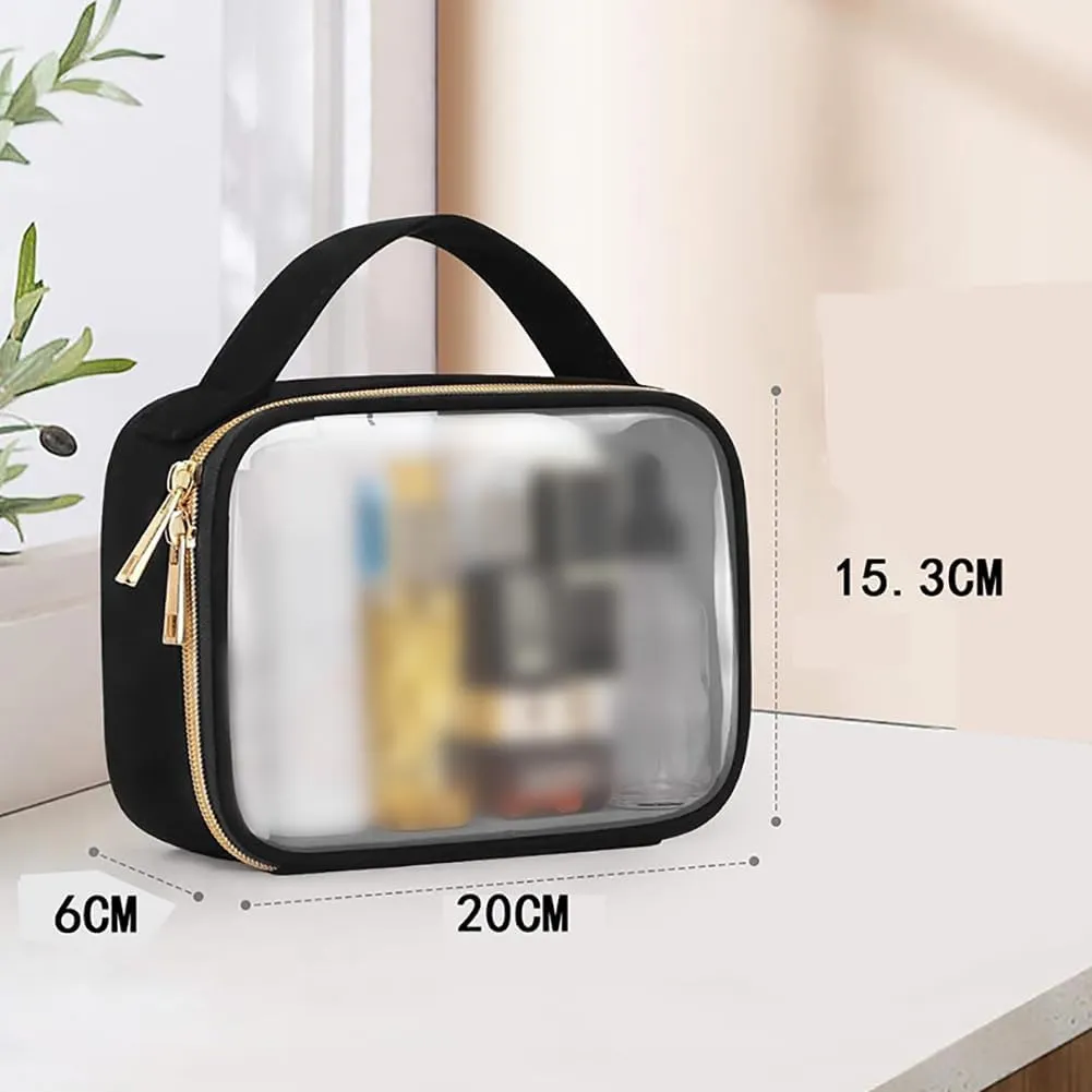 GSHLLO 2 Pcs Clear Double Zip Makeup Bags Plastic Wash Bags Transparent Cosmetic Bags Waterproof Toiletry Pouch Make up Carry Bag Quart Sized Travel Bags with Handles Black