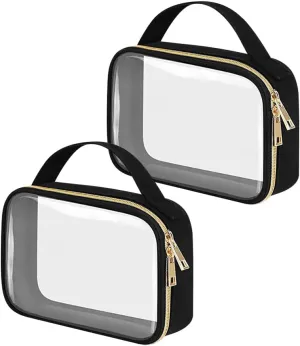 GSHLLO 2 Pcs Clear Double Zip Makeup Bags Plastic Wash Bags Transparent Cosmetic Bags Waterproof Toiletry Pouch Make up Carry Bag Quart Sized Travel Bags with Handles Black