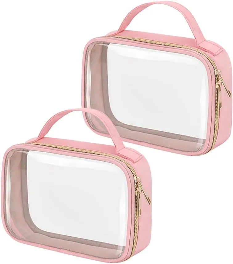 GSHLLO 2 Pcs Clear Double Zip Makeup Bags Plastic Wash Bags Transparent Cosmetic Bags Waterproof Toiletry Pouch Make up Carry Bag Quart Sized Travel Bags with Handles Pink