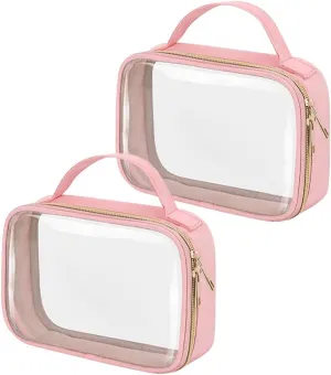 GSHLLO 2 Pcs Clear Double Zip Makeup Bags Plastic Wash Bags Transparent Cosmetic Bags Waterproof Toiletry Pouch Make up Carry Bag Quart Sized Travel Bags with Handles Pink