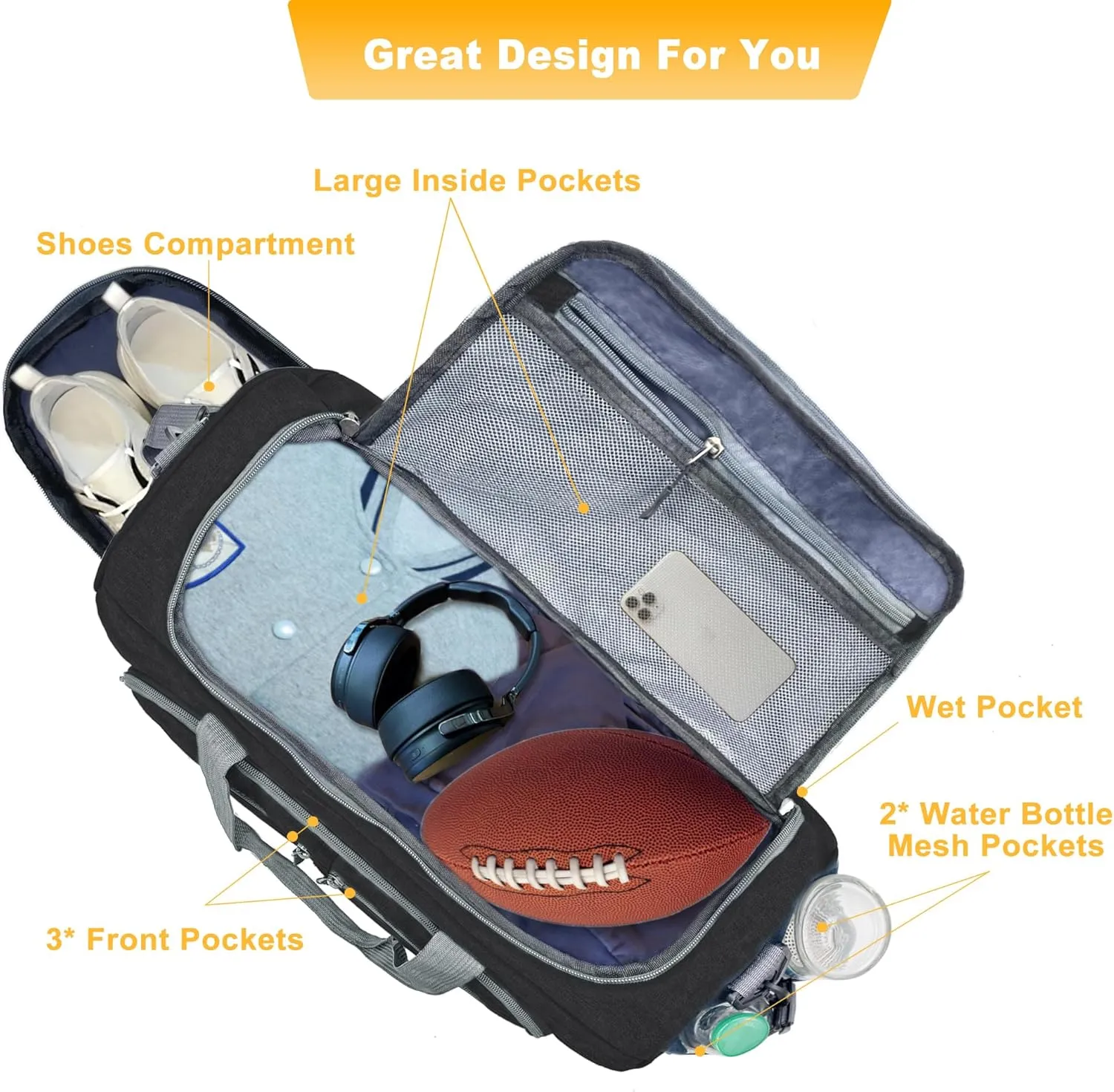 Gym Bag for Men & Women with Shoe & Wet Compartment, 30L Small Duffle Bag for Travel, Sports, Workout, Fitness, Weekender&Overnight(Black)
