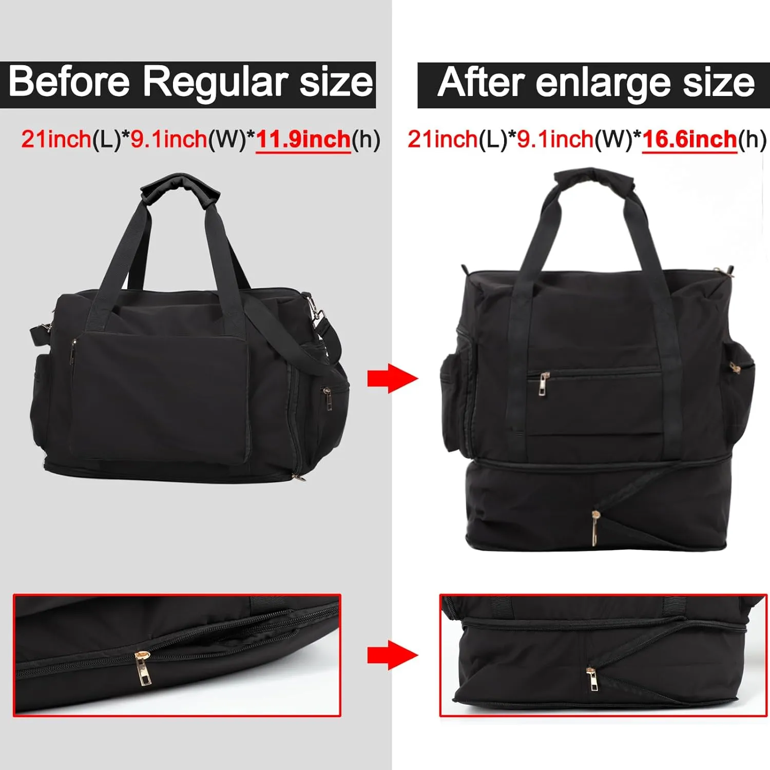 Gym Bag for Women with Shoe Compartment, Travel Duffel Bag for Women, with Hide and increase capacity Pocket, Gym Tote Bags Weekend, Black