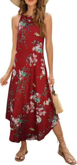 Halife Women's Summer Casual Sleeveless Beach Dress Long Halter Side Slit Maxi Sun Dresses