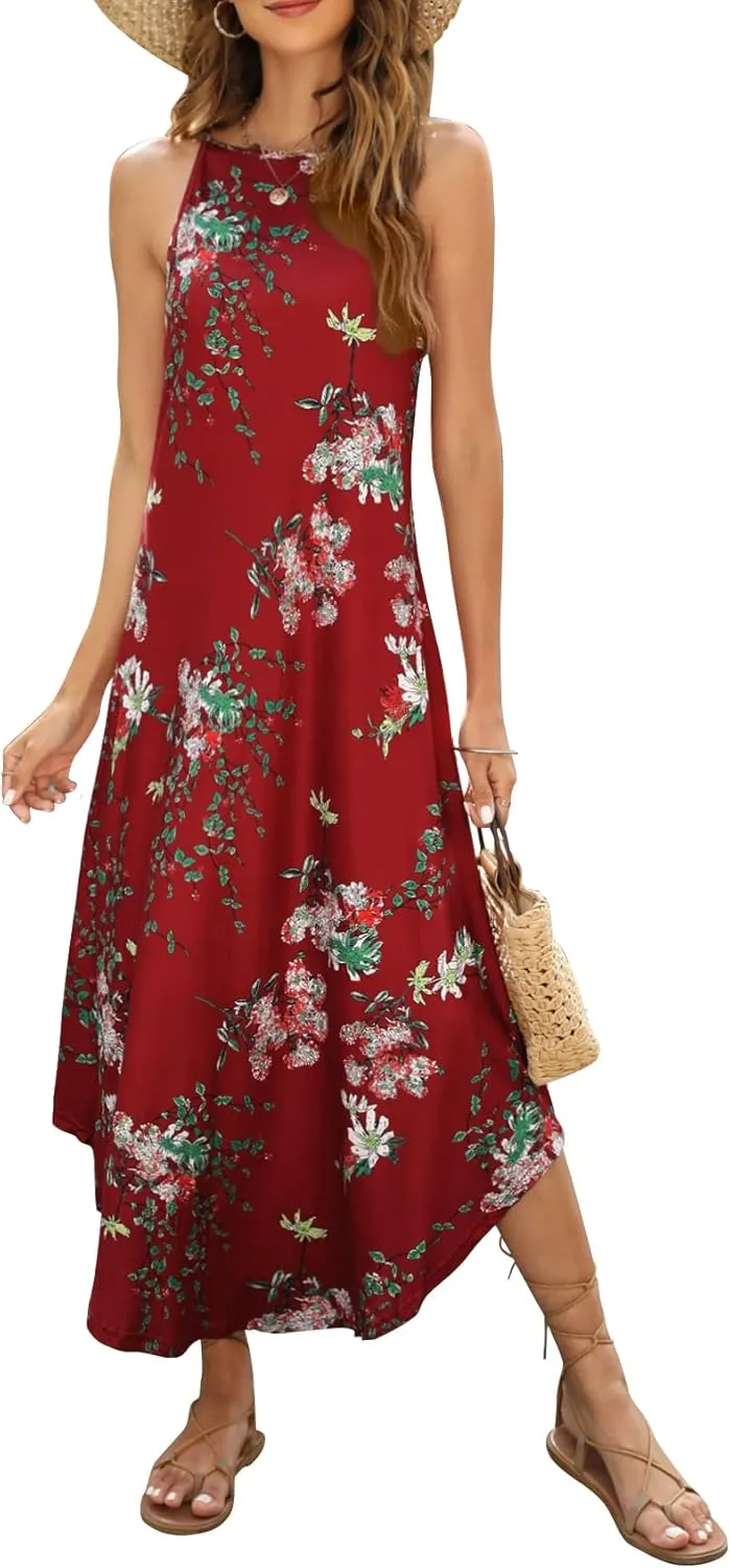 Halife Women's Summer Casual Sleeveless Beach Dress Long Halter Side Slit Maxi Sun Dresses