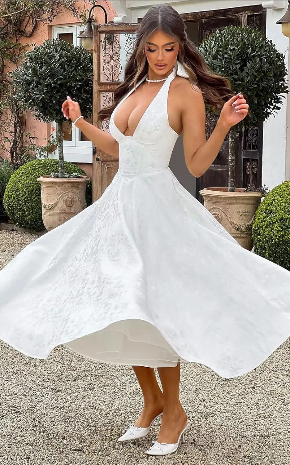 Halter Tea Length Prom Dresses Satin Jacquard Deep V-Neck A Line Midi Formal Evening Cocktail Gowns