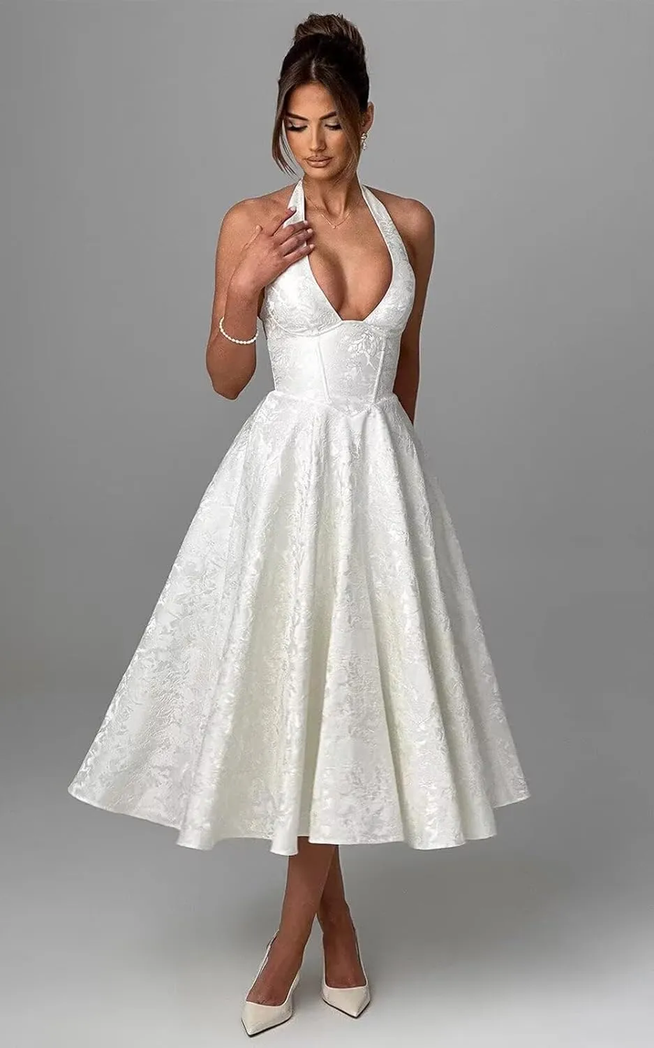 Halter Tea Length Prom Dresses Satin Jacquard Deep V-Neck A Line Midi Formal Evening Cocktail Gowns