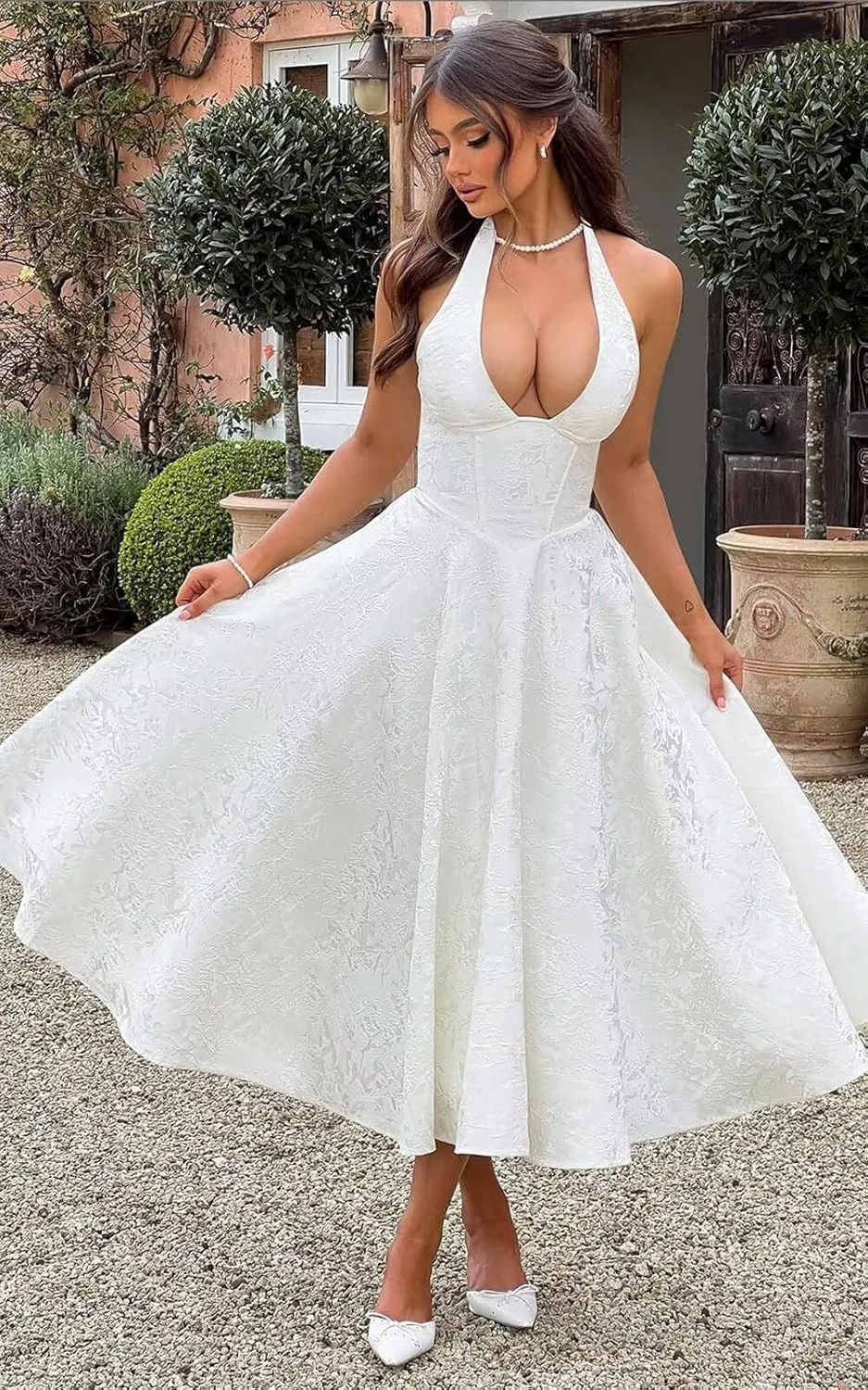 Halter Tea Length Prom Dresses Satin Jacquard Deep V-Neck A Line Midi Formal Evening Cocktail Gowns
