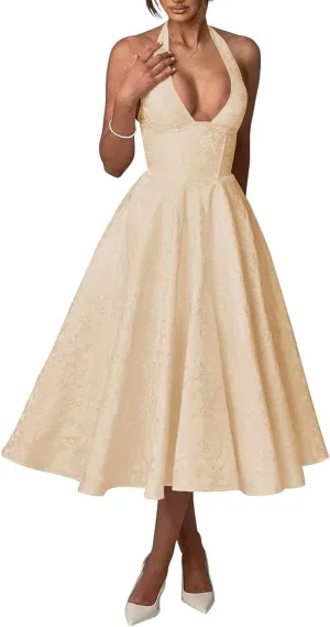 Halter Tea Length Prom Dresses Satin Jacquard Deep V-Neck A Line Midi Formal Evening Cocktail Gowns
